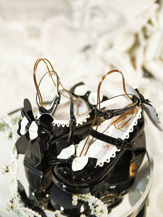 Bow Accents Black Sweet Lolita Shoes High Block Heel Heart-shaped Buckles