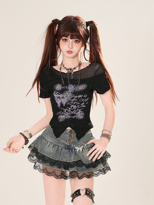 Butterfly Print Curved Hem Black Mesh T-Shirt