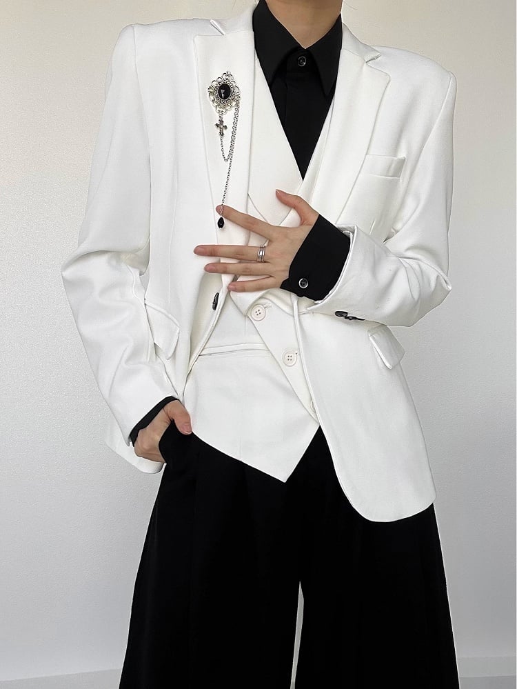 Ouji Lolita White Unisex Blazer with Notched Lapel & Black Buttons Cuffs