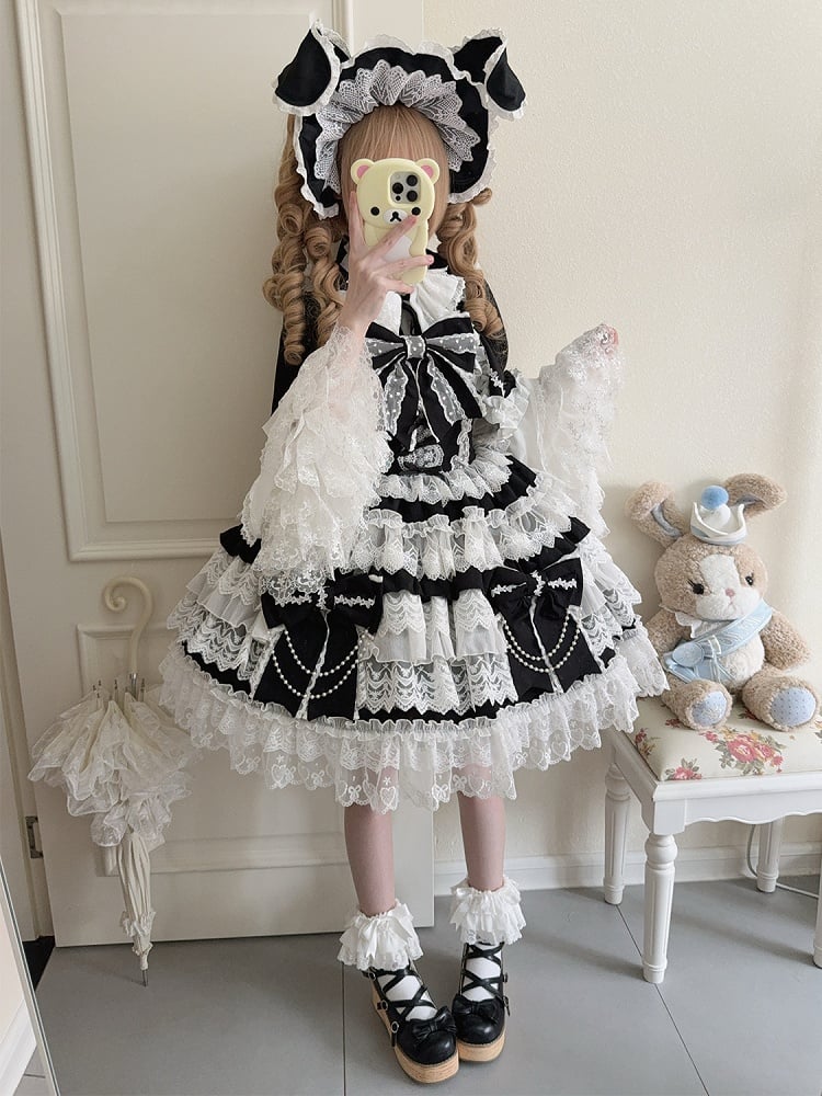 Black Bead Chain Big Bows Decoration Tiered Skirt Hanayome Lolita Dress