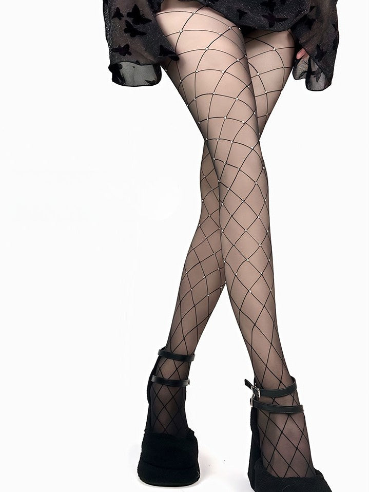 Black/White Rhinestone Decorated Fishnet Tights