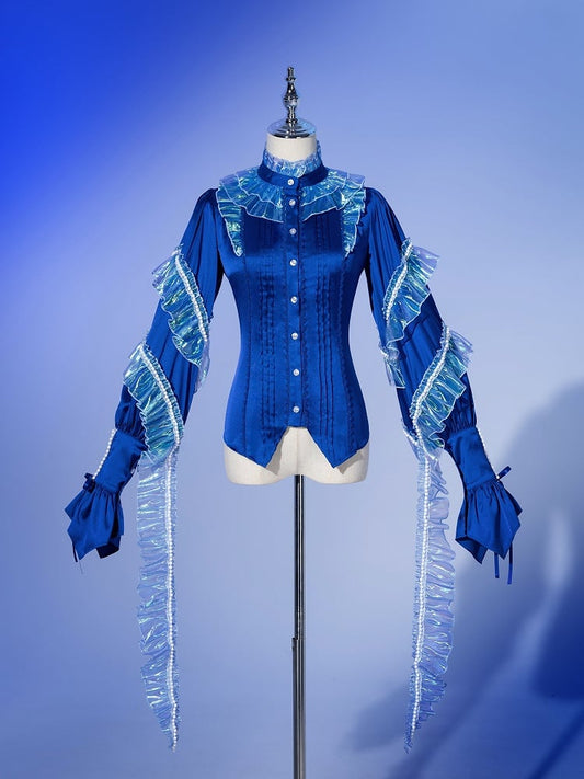 Deep Sea Blue Siren Cascading Ruffle Accents Bead Chain Long Sleeves Prince Shirt