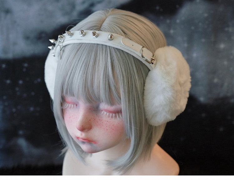 White Handmade Studs Cross Buckle Plush Earmuffs