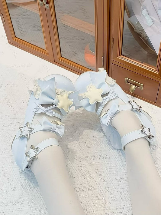 Blue Striped Pattern Bowknot Details Star Buckle Straps Lolita Shoes