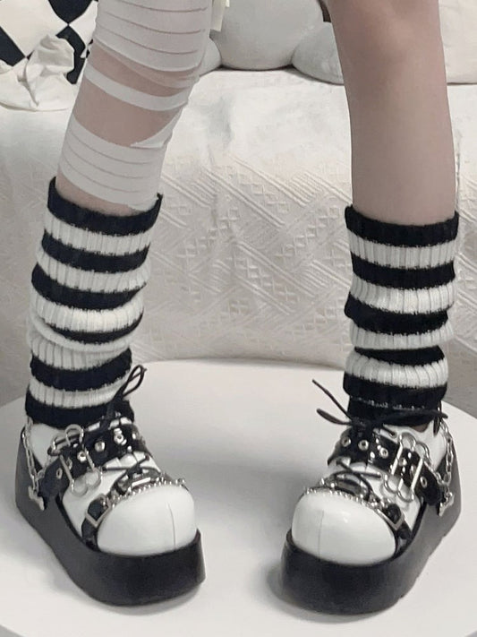 Jirai Kei Polished White&Black Y2K Bone Design Buckle Strap Platform Shoes