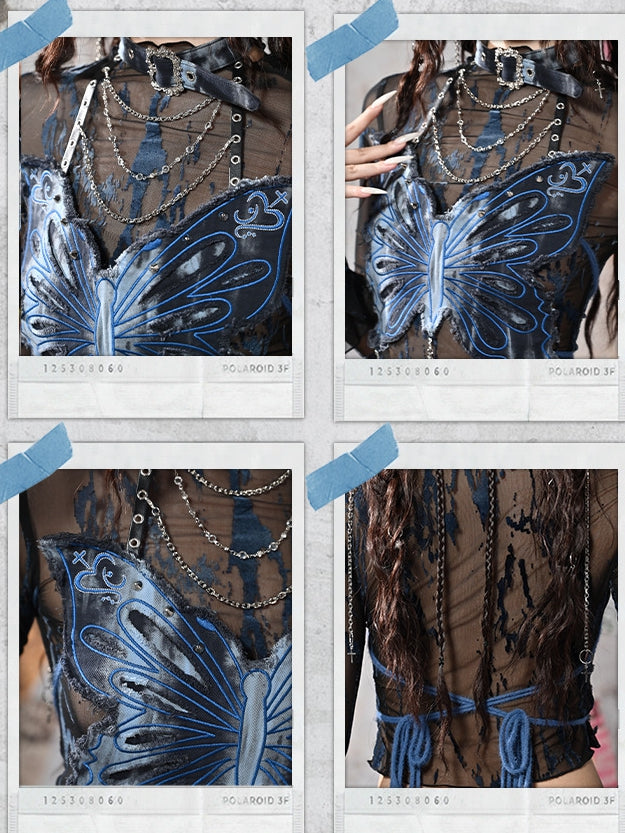 Grunge Punk Rock Fairycore Blue Tie Dye Butterfly Halter Neck Top Studs Design