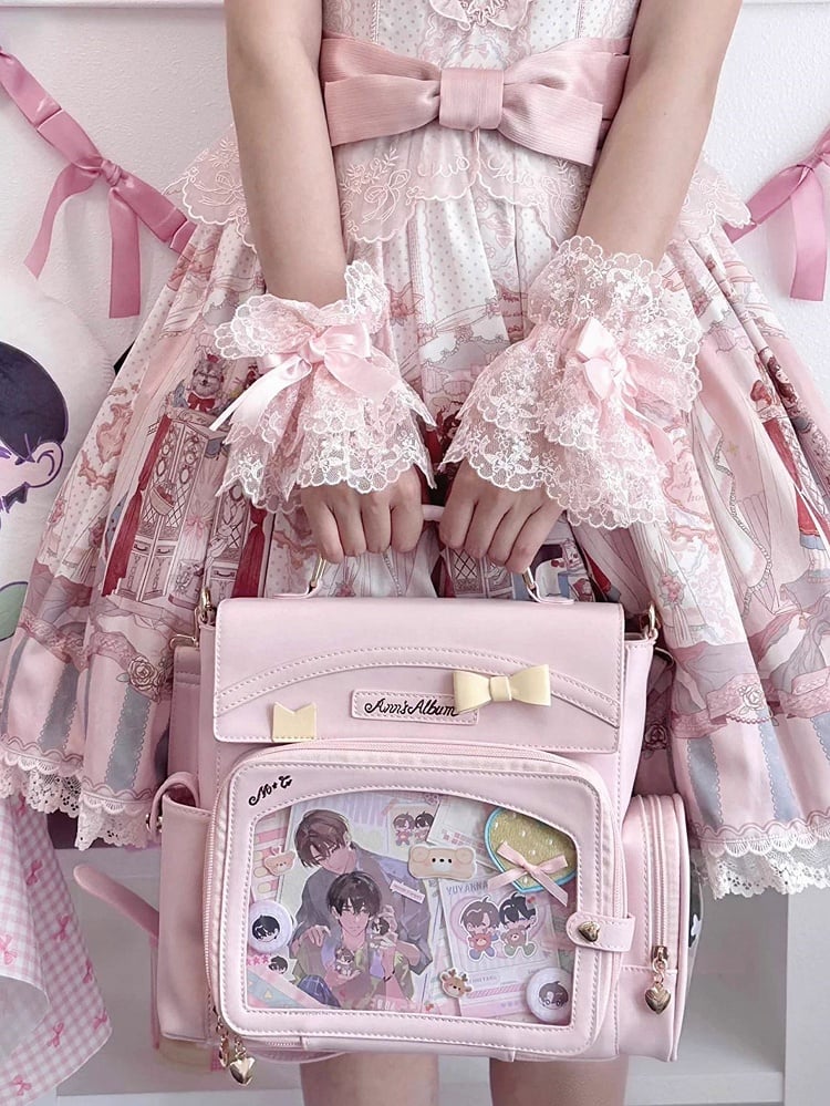 Pink 2-Way Ita Bag With Transparent Window And Bow Decoration