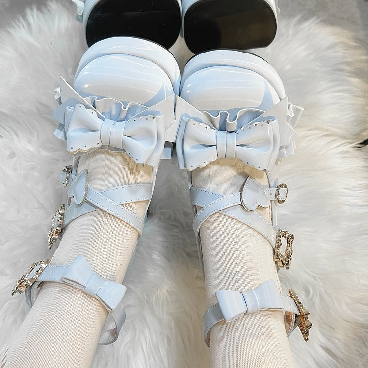 Blue Bear Buckle Straps Bowknot High Block Heels with Bear Embroidery