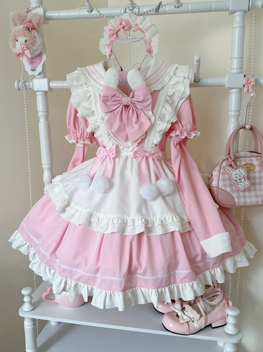 Bunny Ears Sailor Collar Pink Short Sleeves Maid Lolita Dress with White Apron
