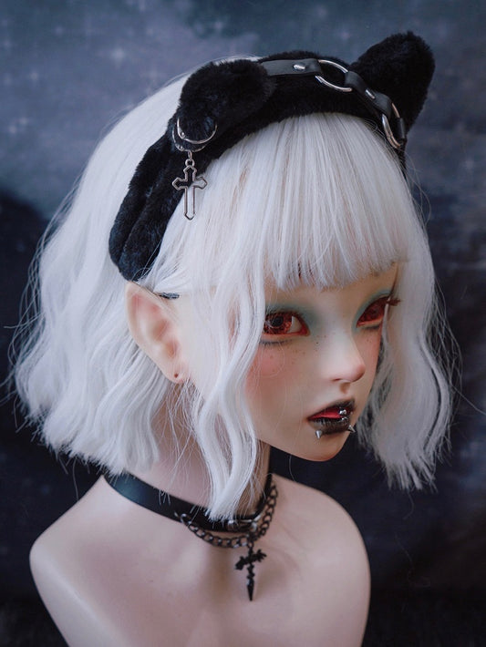 Cross Charm Black Gothic Plush Kitty Ears KC