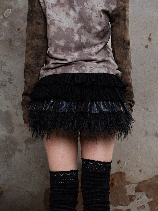 Black Punk Tiered Elastic Waist Skirt with Glossy Fabric & Faux Fur Trim