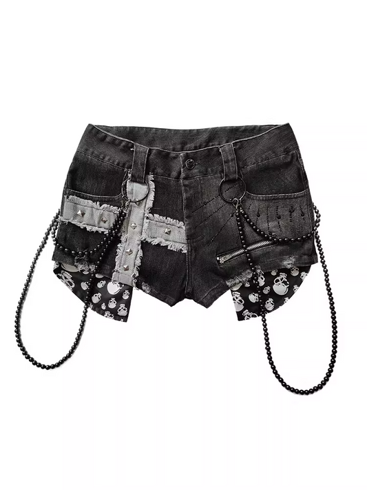 Punk Black Cross Applique Studded Glamorous Denim Shorts with Beaded Chain