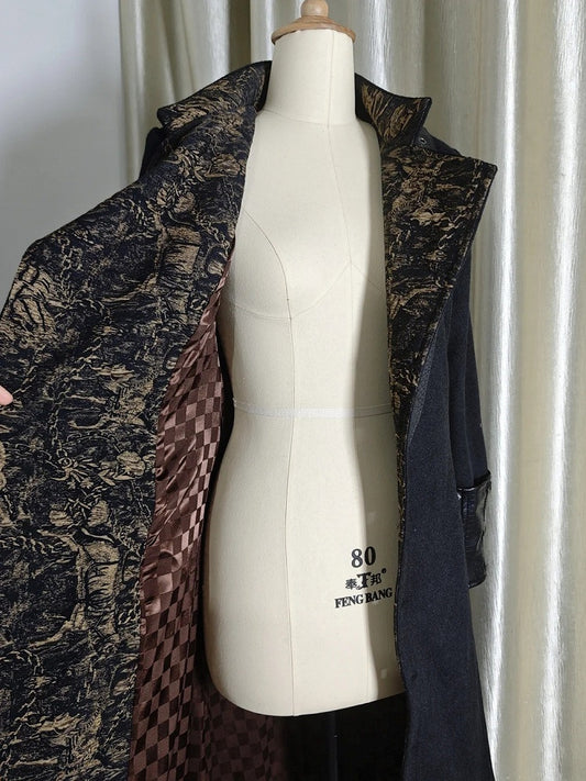 Ouji Fashion Black Leather Cuffs Gothic Lolita Woolen Coat with Golden Inner Lining