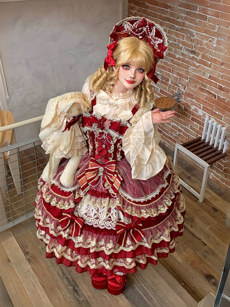 Red Flower Bead Chain Bow Neckline Gorgeous Princess Lolita Dress