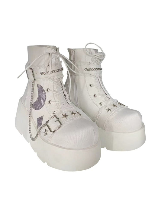 White Moon Applique Buckle Ankle Strap Platform Boots