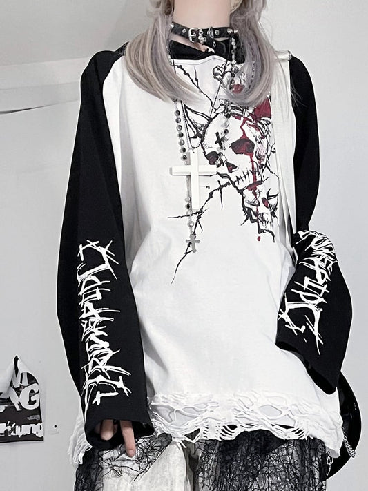 Black&White Emo Punk Skeleton And Letter Print Hoodie