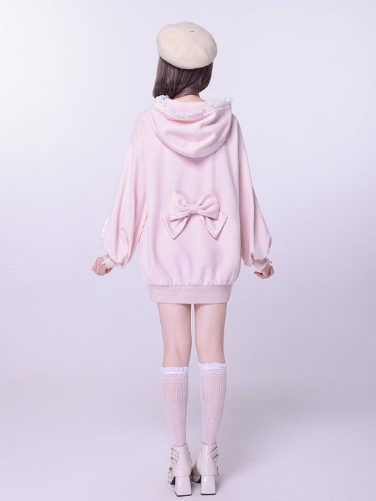 Sakura Pink Jirai Kei Sweet Lace Trim Bows Decorated Hoodie