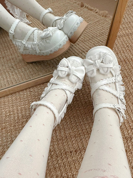 White Crisscross Design Bunny Ear Bow at Top Lace Trim Platforms