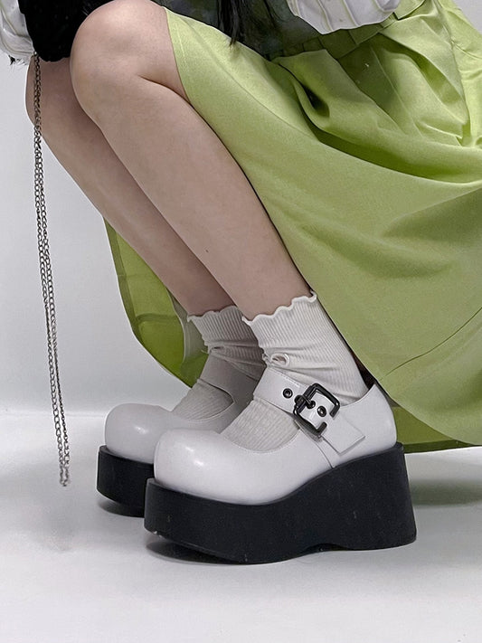 Buckle Embellishments & Platform Sole White Mary Janes
