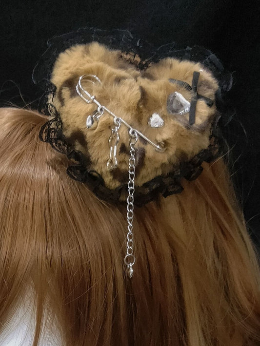 4 Color Options Lace Trim Tiger Spot Pattern Plush Heart Hairclip