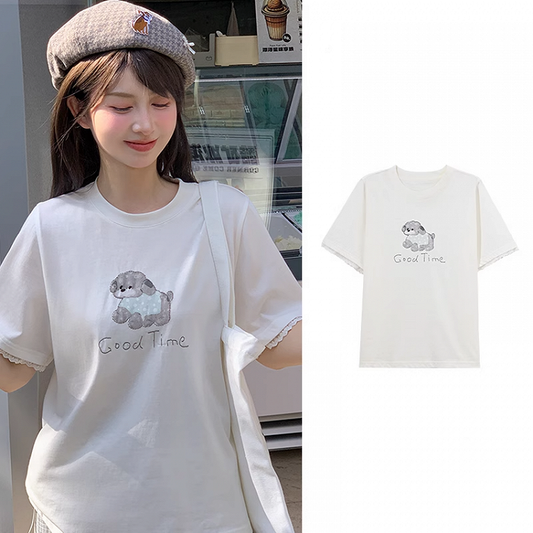 Adorable Puppy Print White Round Neck Loose T-shirt