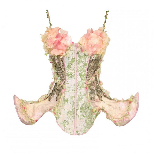 Pink and Green Floral Design Fairy Goth Vine Spaghetti Straps Boned Corset Top