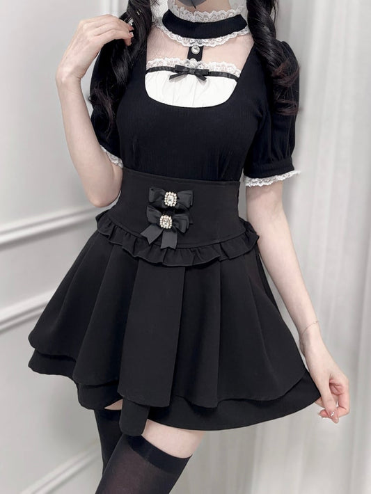 Jirai Kei Black Banded Collar Cutout Front Short Sleeves Blouse