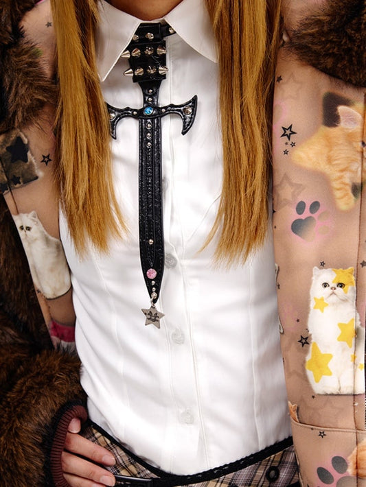 Black/Silver Studs Sword-Shaped Tie PU Choker