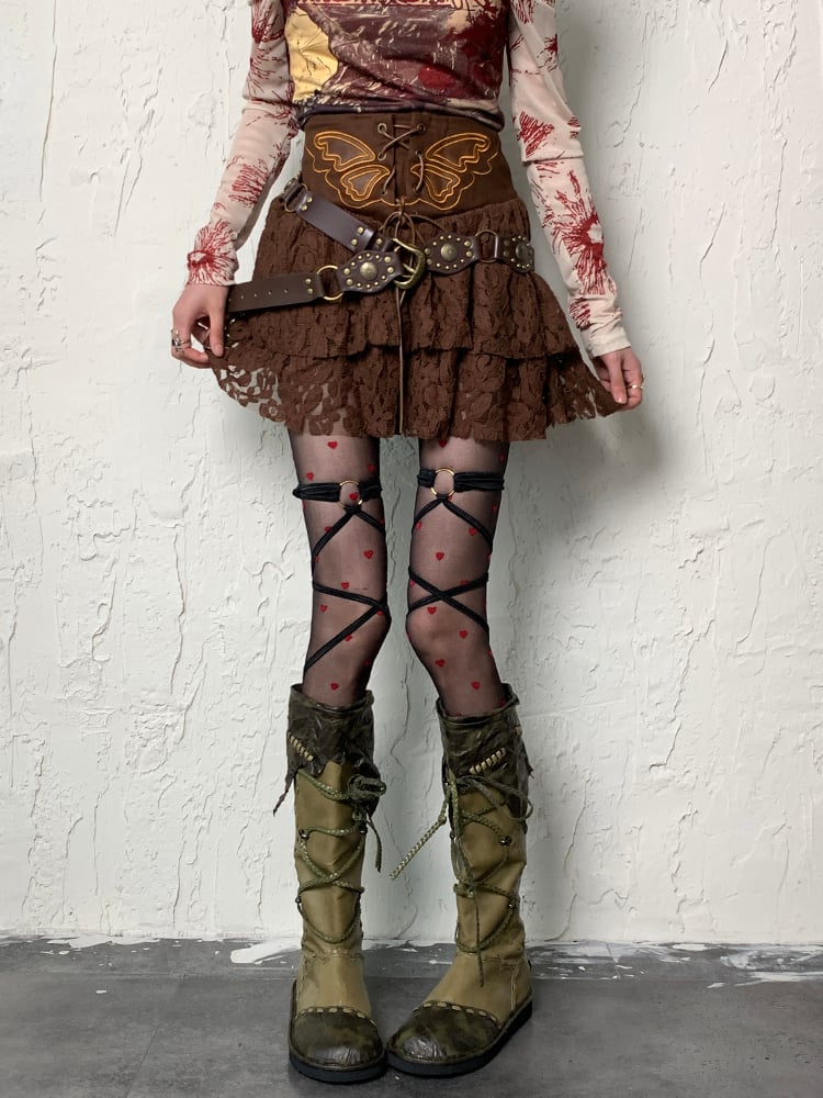 Black Y2K Red Heart Pattern Tights