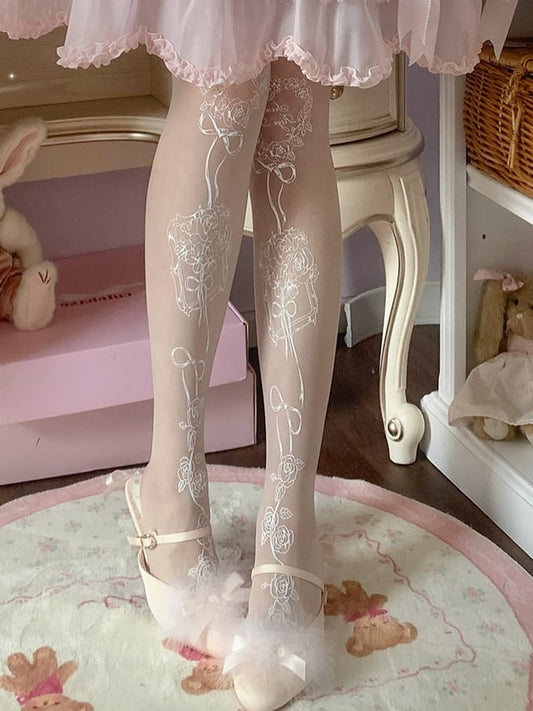 White Rosette Print Sweet Lolita Tights