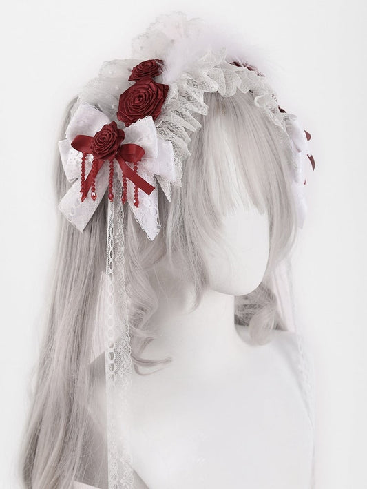 Feather Decorated White Gothic Bowknots Hairband with Red Rosettes and Beads