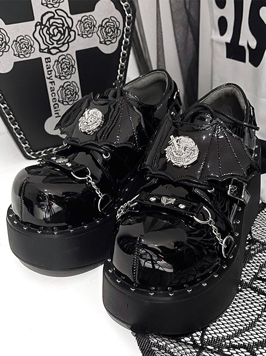 Devil Wings Punk Black Platforms Silver-tone Studs Goth Shoes