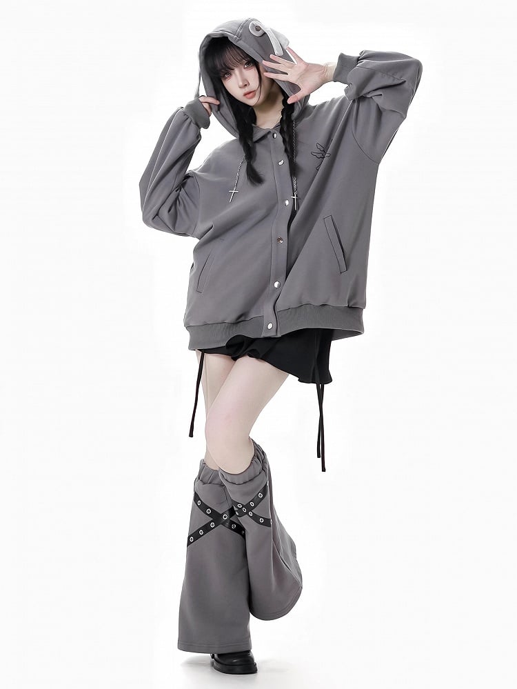 Black/Gray Criss-Cross PU Straps Leg Warmers