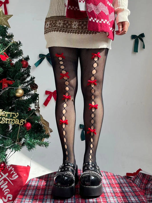 Black/White and Red Bowknots Cutout Tights