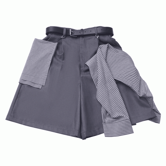 Gray Casual Shorts with Striped Accessory and Buckle Belt