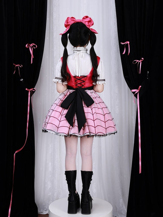 Fanart Fashion Hot Pink Cute Under Bust Dress Spider Web Print Overlay Skirt