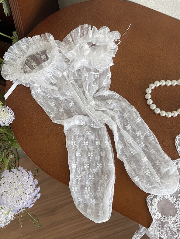 White/Beige/Black Floral Lace Trim Lolita Under-Knee Stockings