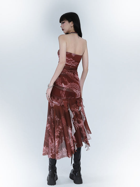 Red Dragon Print Asymmetrical Hem Slim-fitting Dress