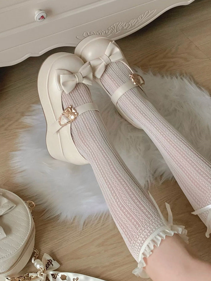Hugging Bear Heart Buckle Beige Bow at Top Platform Mary Janes with Velcro Strap