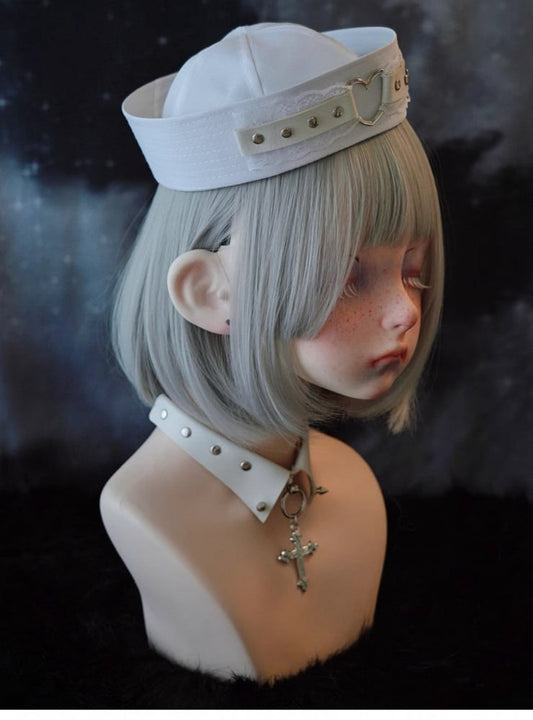 White Studded PU Heart-shaped Ring Lace Sailor Hat