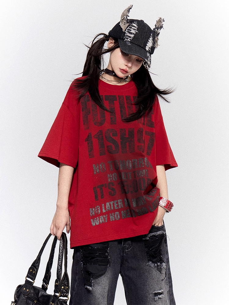 Vintage Letter Print Red Round Neck Distressed Design Oversized T-shirt