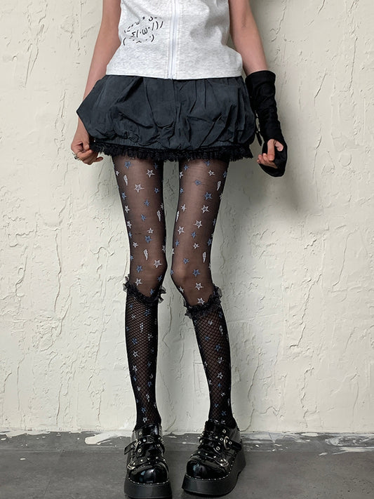 Black Punk Lace Trim Fishnet Over-knee Stockings