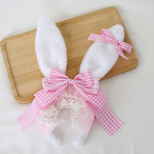 4 Colors Cute Lolita Gingham Bowknot Bunny Ear KC with Detachable Small Bowknots