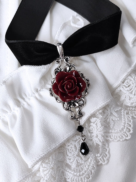 Purple/Wine Red Rosette Pendant Black Gothic Velvet Choker