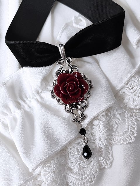 Purple/Wine Red Rosette Pendant Black Gothic Velvet Choker