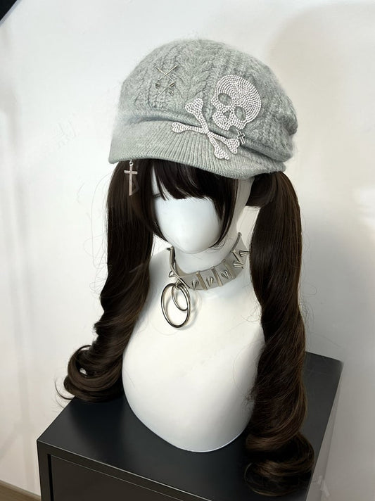 Grey Skeleton Cross Knitted Beret