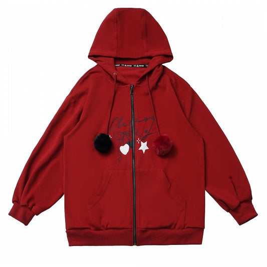 Red Zip-up Hoodie with Plush Pom-Pom Drawstrings