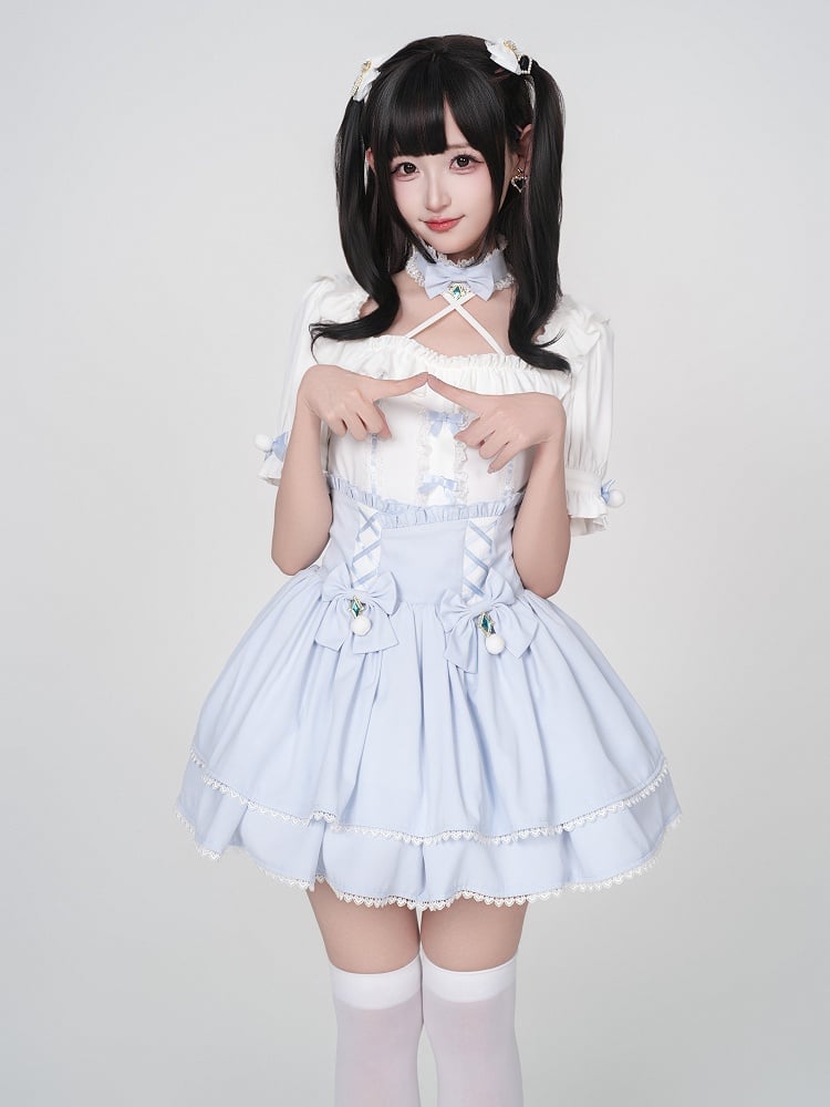 Baby Blue Jirai Kei Pompom Bows Adorned High Waist Skirt Smocked Elastic Back Waist