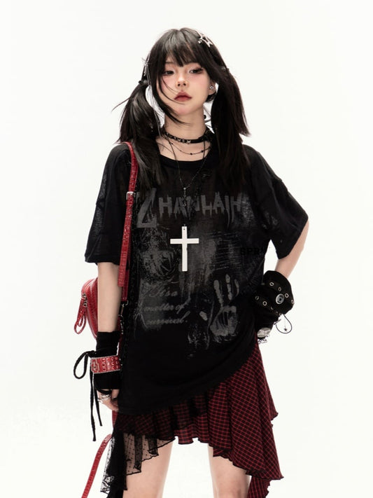 White/Black Round Neck Punk Print Semi-sheer Coverup