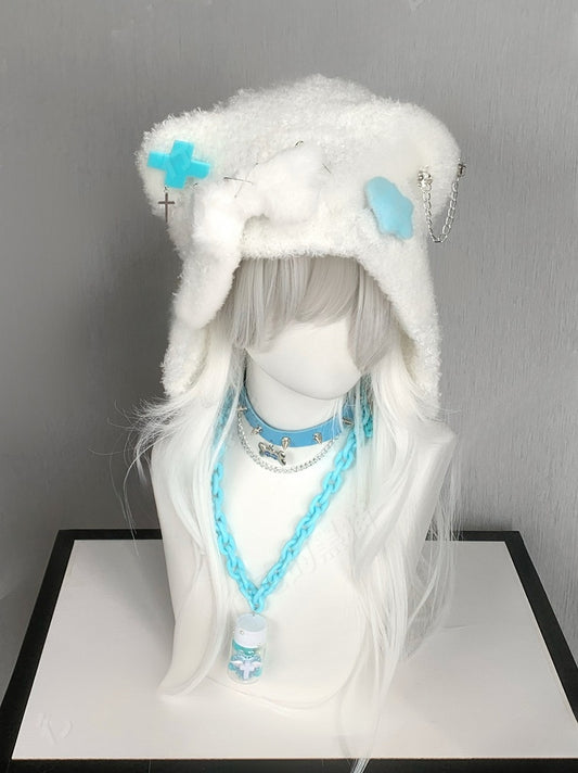 Blue/Pink Cross and Pin Accents Bear Ear Plush Hat with Bone and Star Plushie